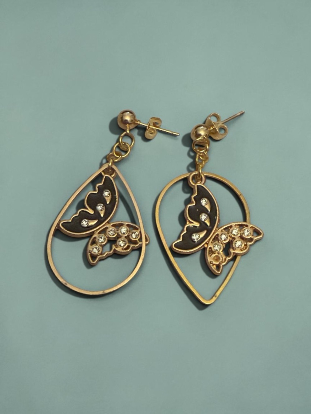 Hand Crafted Gold Butterfly Teardrop Earrings with Crystal Accents